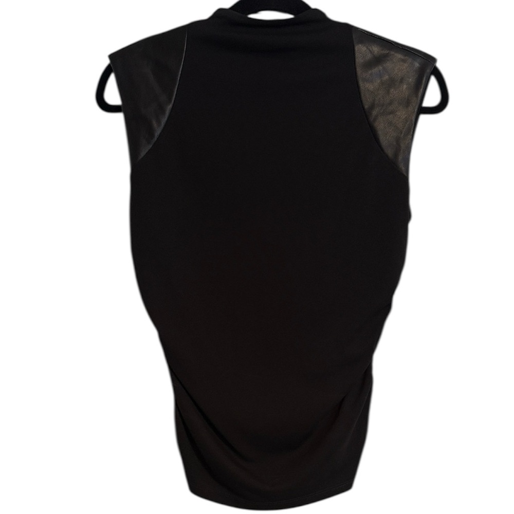 DKNY Black Faux Leather Padded Shoulder Ruched Side Mock Neck Top NWT
